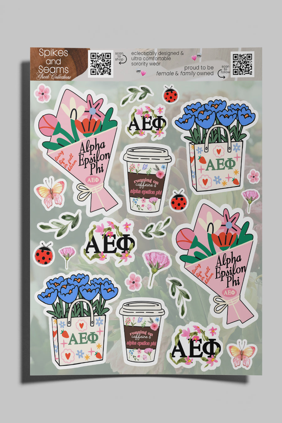 Flower Market Sorority Sticker Sheet #21 - Alpha Epsilon Phi - Spikes and Seams Greek