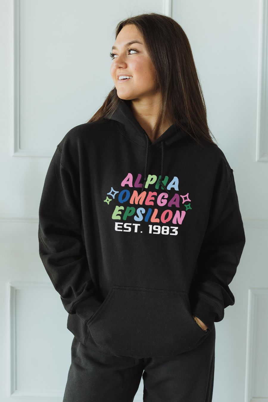 Black Rainbow text hoodie - Alpha Omega Epsilon