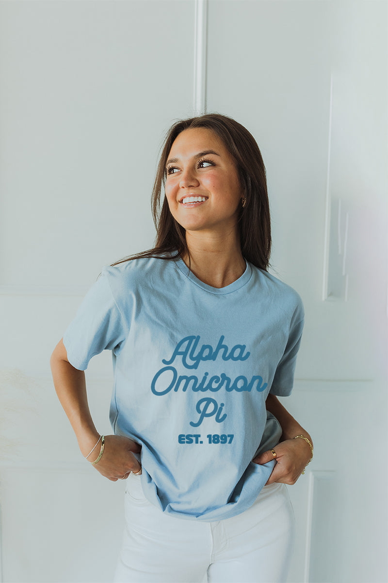 Blue with Blue text tee - Alpha Omicron Pi