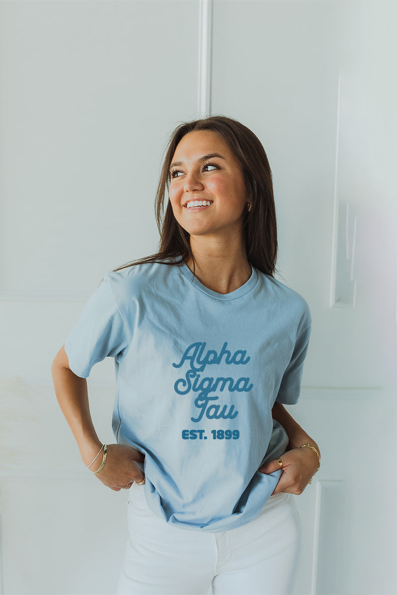 Blue with Blue text tee - Alpha Sigma Tau - Spikes and Seams Greek