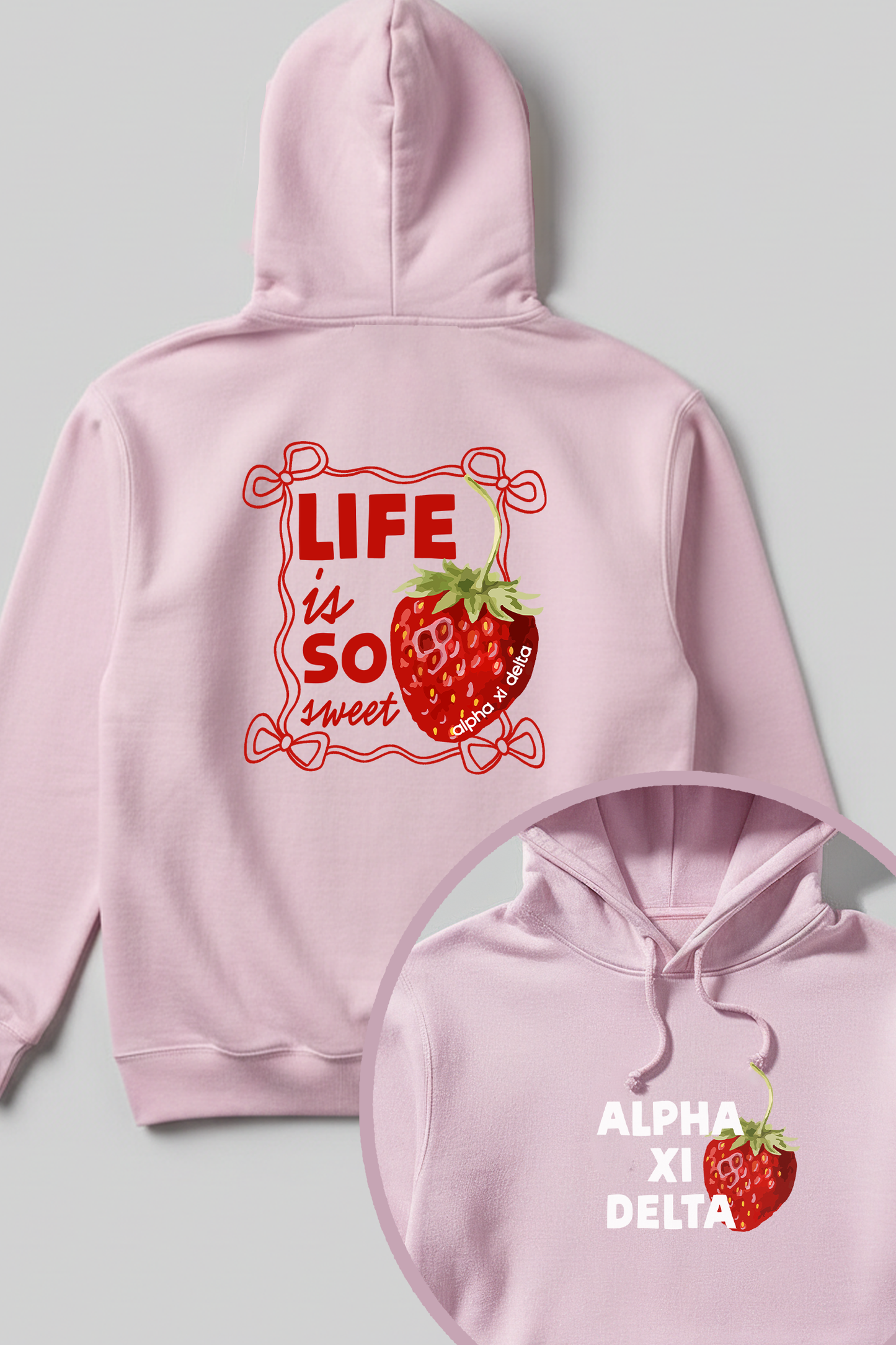 Light Pink Strawberry Hoodie - Alpha Xi Delta - Spikes and Seams Greek