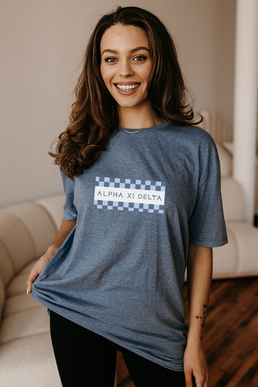 Blue Checkered tee - Alpha Xi Delta - Spikes and Seams Greek