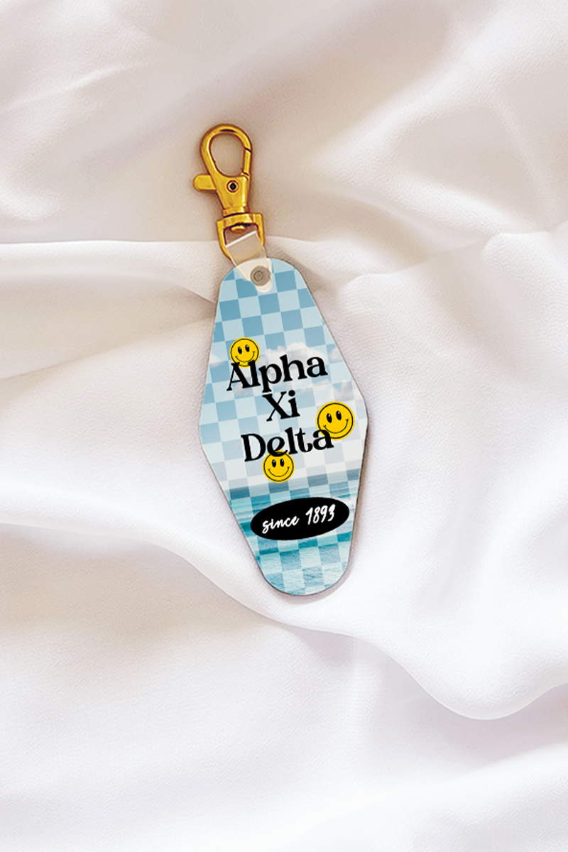 Sky Checkered Keychain - Alpha Xi Delta - Spikes and Seams Greek