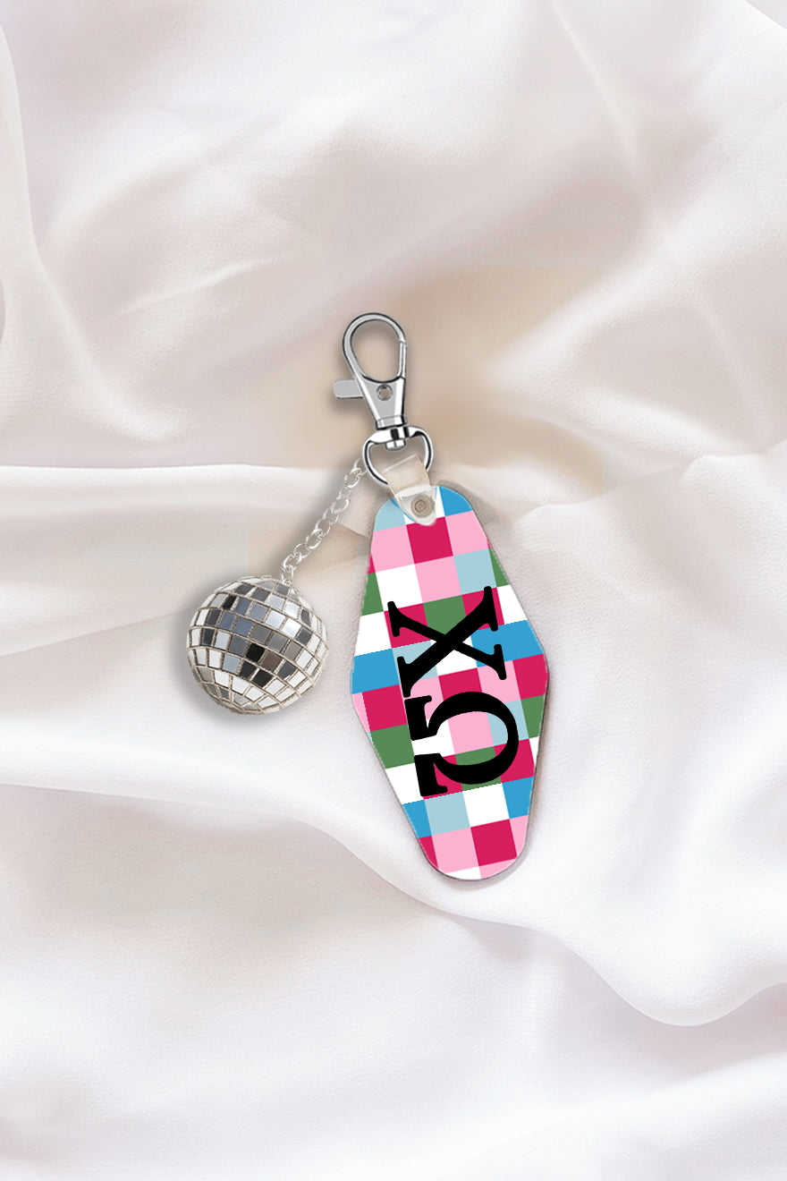 Pink Plaid Keychain with Disco Ball Tassel - Chi Omega