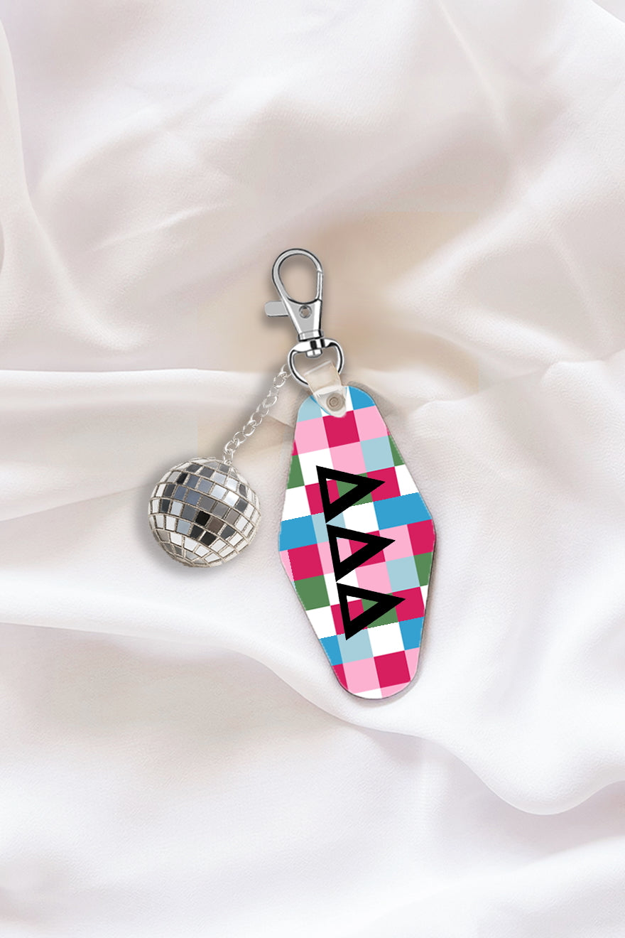 Pink Plaid Keychain with Disco Ball Tassel - Delta Delta Delta