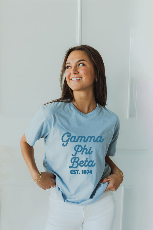 Blue with Blue text tee - Gamma Phi Beta