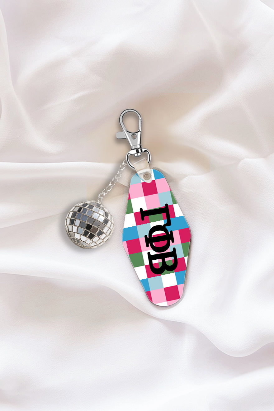 Pink Plaid Keychain with Disco Ball Tassel - Gamma Phi Beta