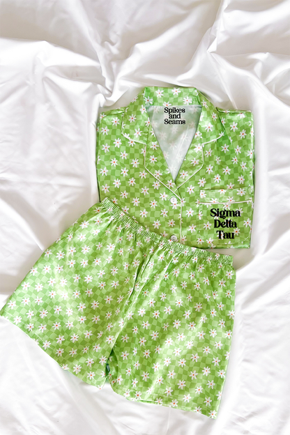 Block Font Green Daisy Checkered Pajamas - Sigma Delta Tau