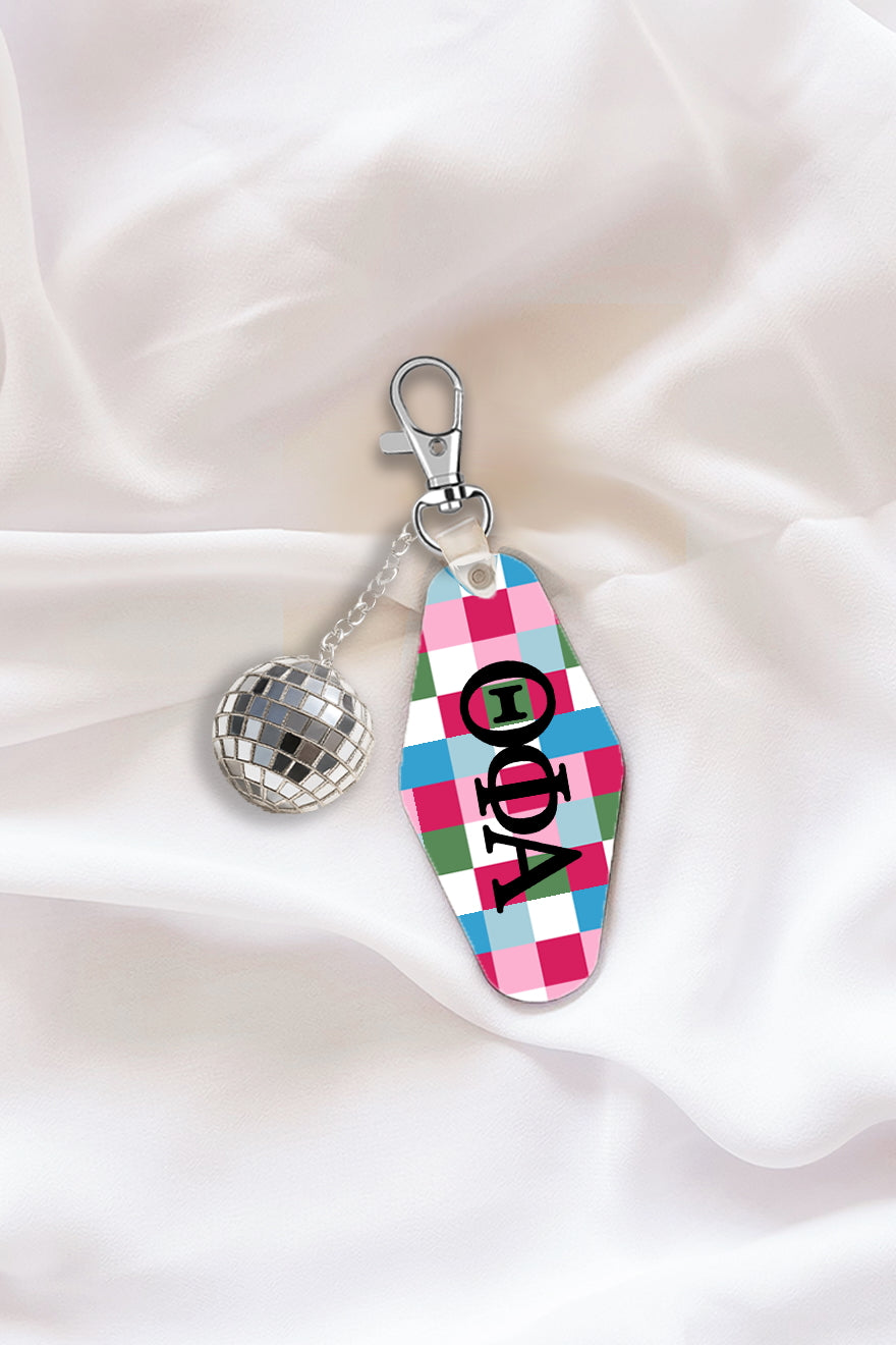 Pink Plaid Keychain with Disco Ball Tassel - Theta Phi Alpha