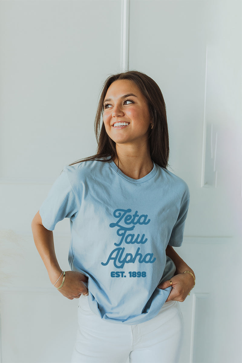 Blue with Blue text tee - Spikes and Seams Greek