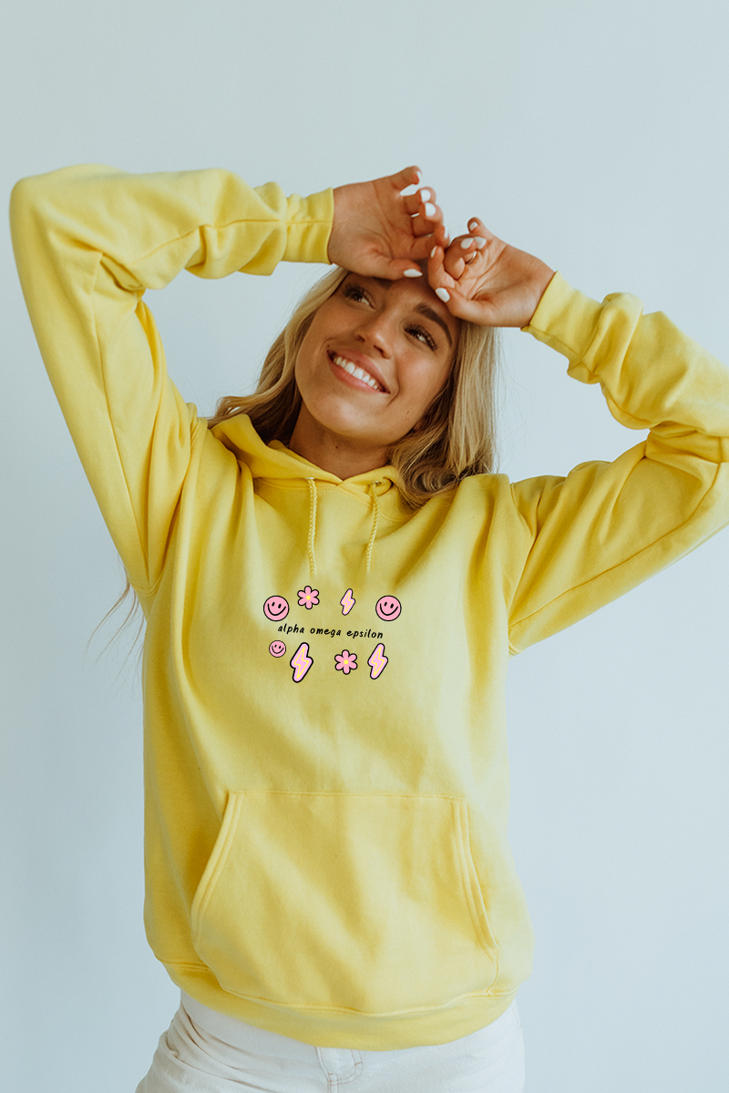 Yellow with Pink accents hoodie - Alpha Omega Epsilon - Spikes and Seams Greek