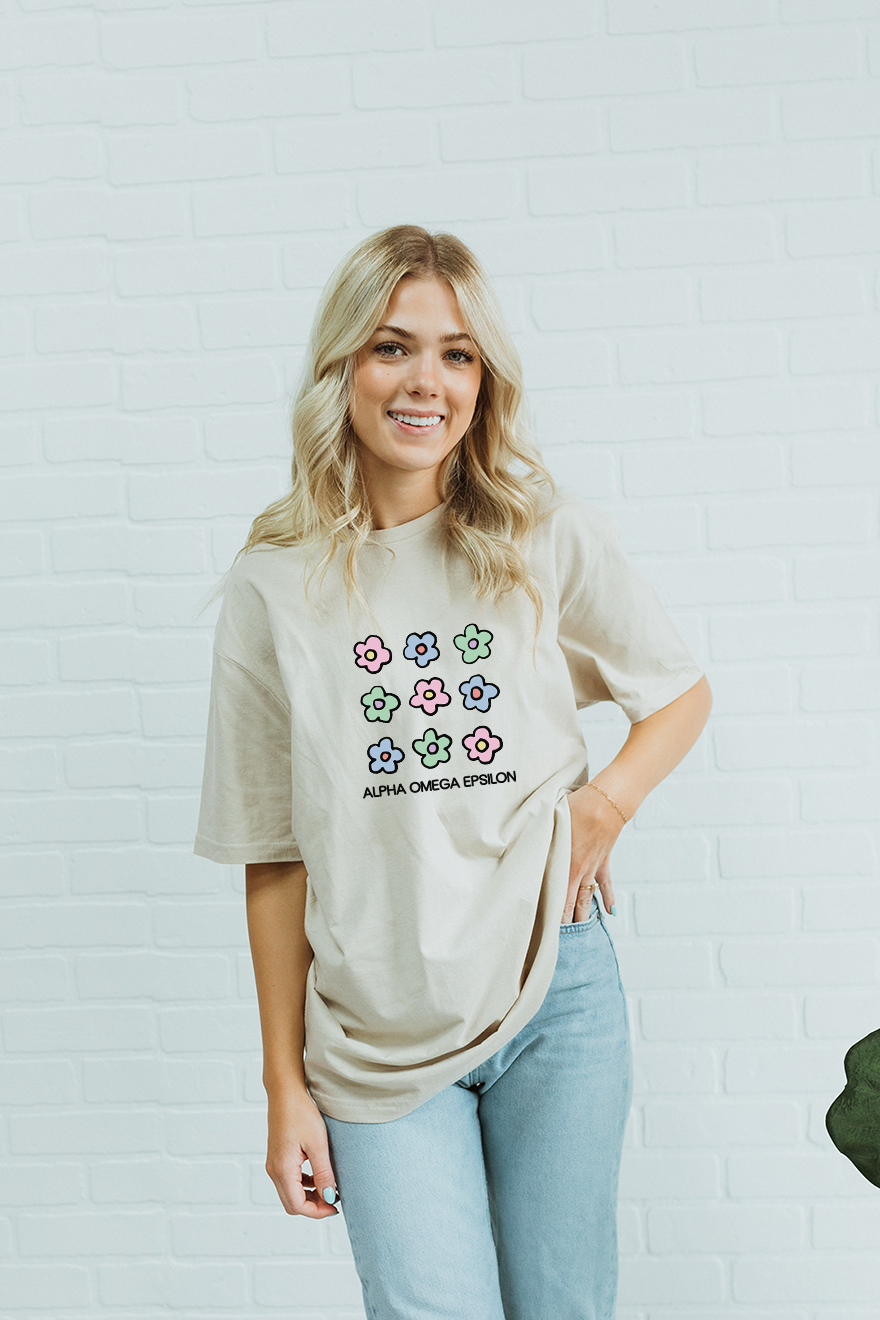 Beige Flowers tee - Alpha Omega Epsilon