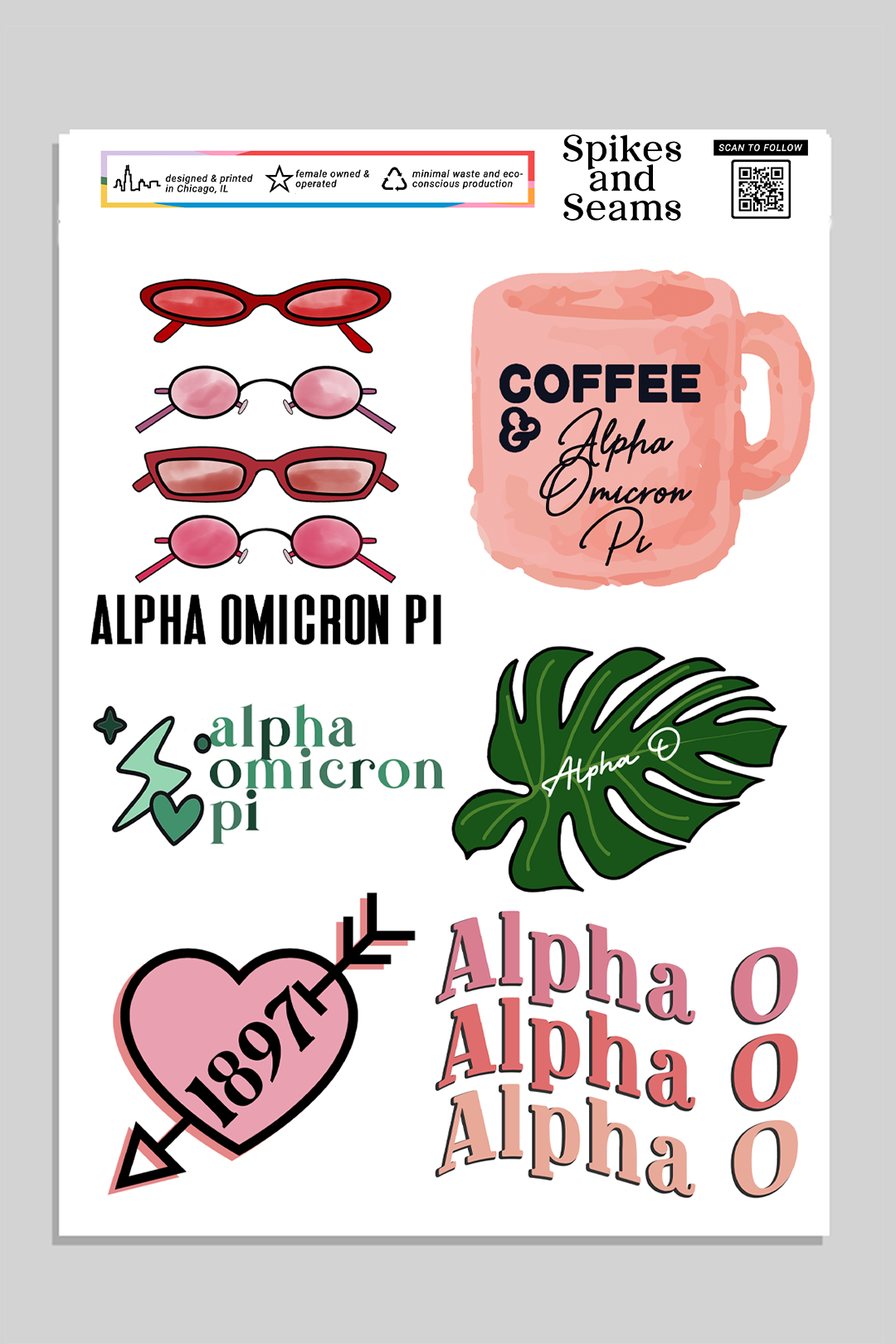 Sticker Sheet #2 - Alpha Omicron Pi - Spikes and Seams Greek