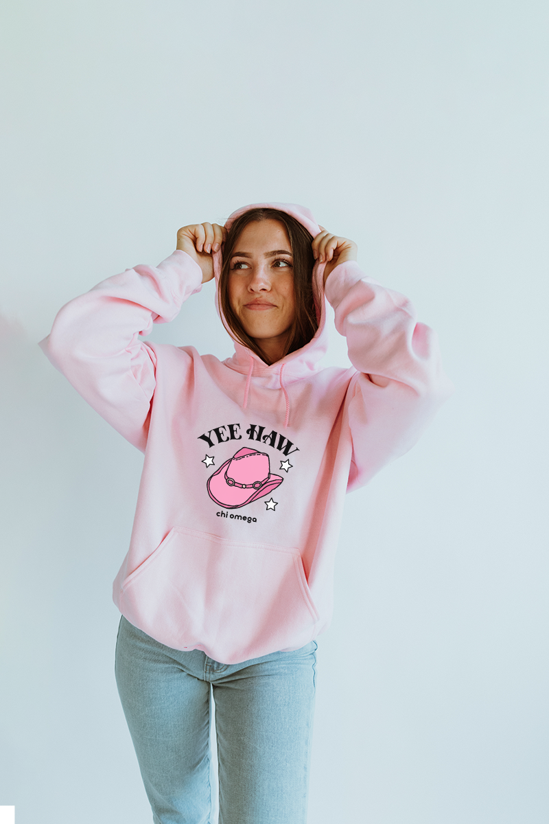 Pink Yeehaw hoodie - Chi Omega - Spikes and Seams Greek