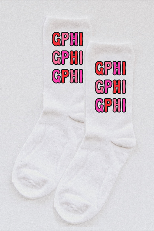 Pink Bubble Letter socks - Gamma Phi Beta