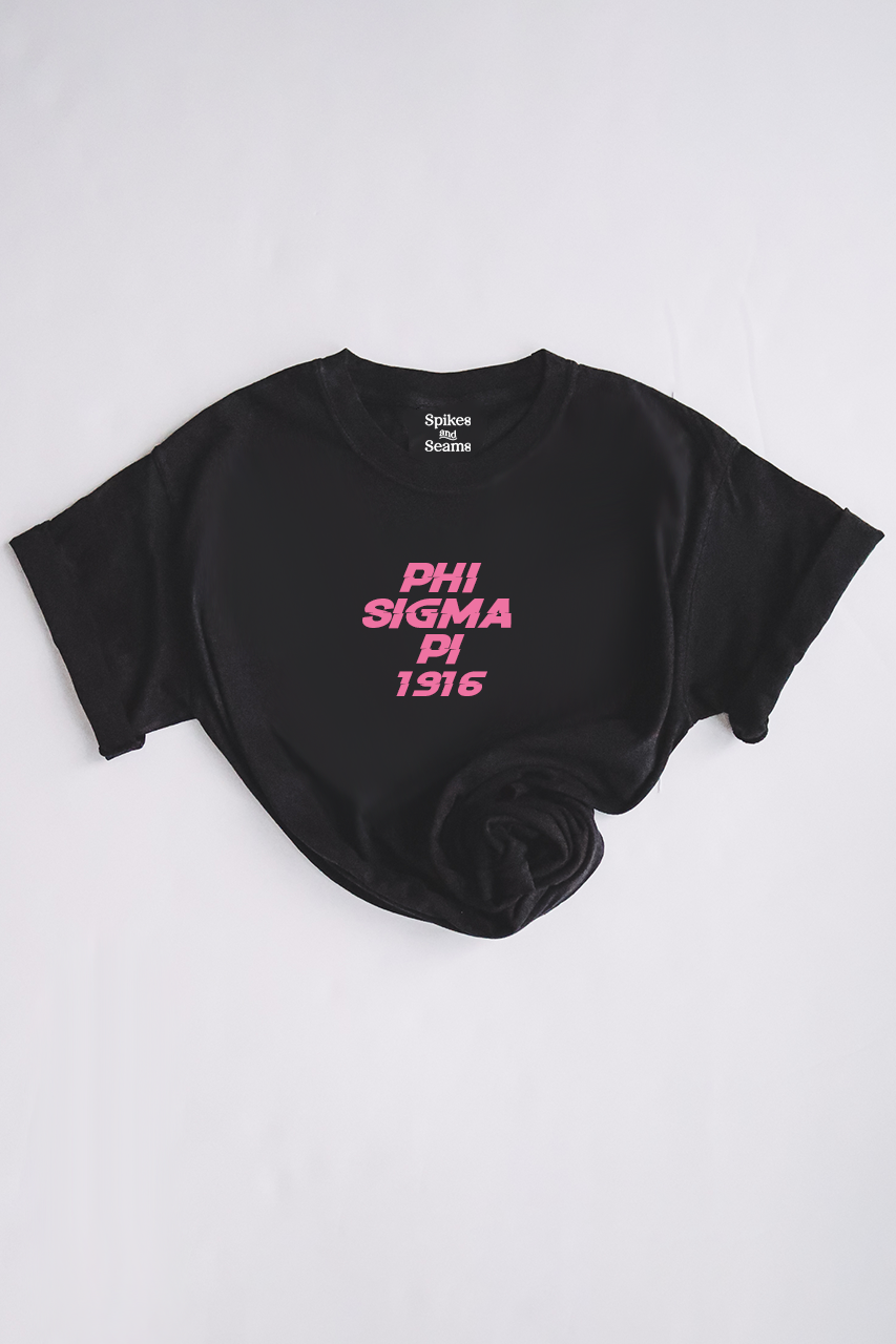 Pink text tee - Phi Sigma Pi - Spikes and Seams Greek