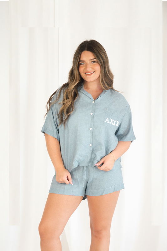 Light Blue Greek Letter Linen Set - Alpha Chi Omega