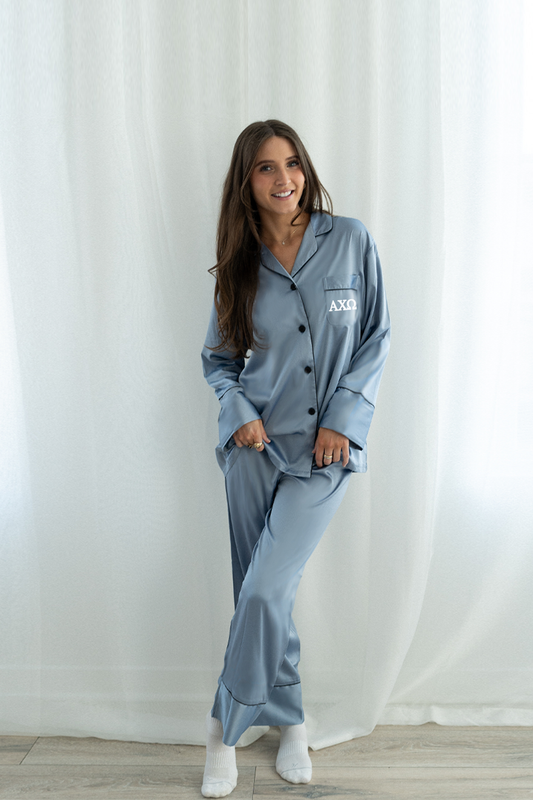 Dusty Blue Pants Set with Greek Letter Pocket - Spikes and Seams Greek