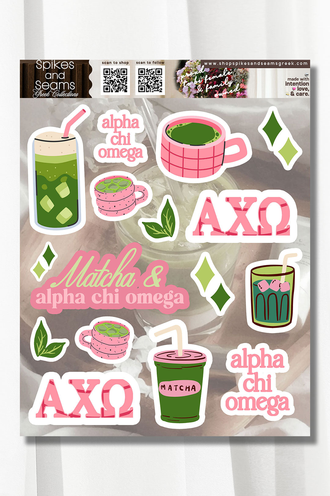 Sorority Matcha Theme Sticker Sheet #25 - Alpha Chi Omega - Spikes and Seams Greek