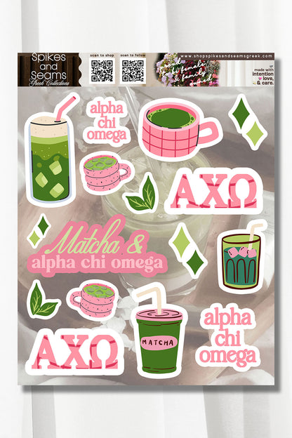 Sorority Matcha Theme Sticker Sheet #25 - Alpha Chi Omega - Spikes and Seams Greek