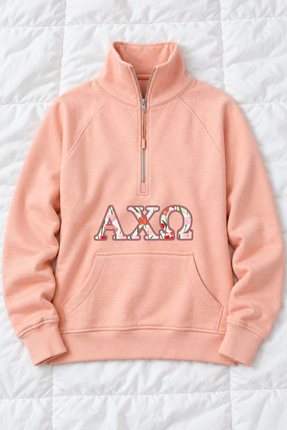 Peach Quarter Zip with Floral Greek Letters