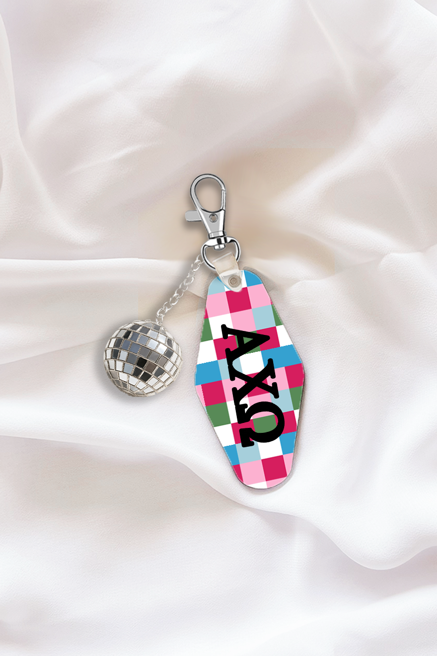 Pink Plaid Keychain with Disco Ball Tassel - Alpha Chi Omega