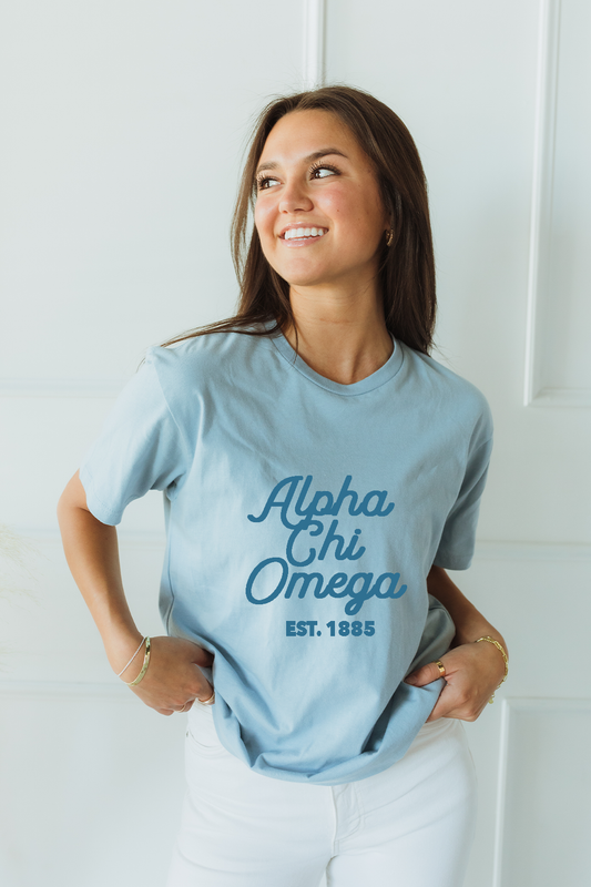 Blue with Blue text tee - Alpha Chi Omega