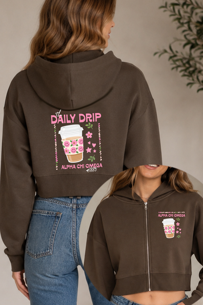 Daily Drip Crop Coffee Zip-Up Hoodie - Alpha Chi Omega