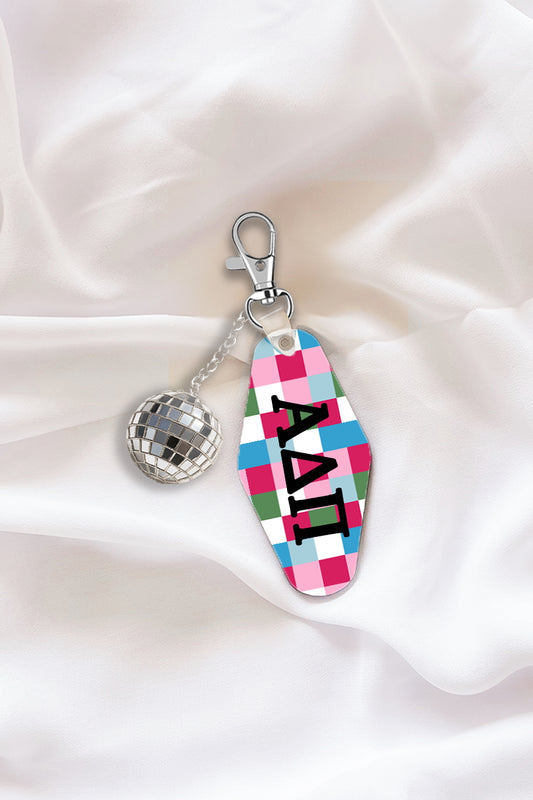 Pink Plaid Keychain with Disco Ball Tassel - Alpha Delta Pi