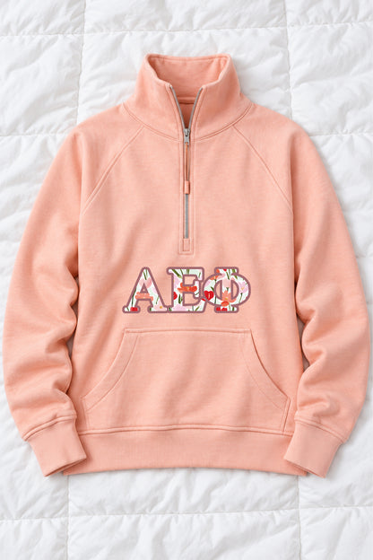 Peach Quarter Zip with Floral Greek Letters