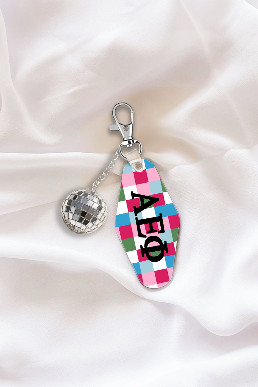 Pink Plaid Keychain with Disco Ball Tassel - Alpha Epsilon Phi