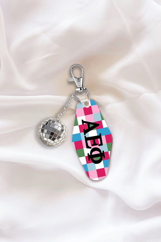 Pink Plaid Keychain with Disco Ball Tassel - Alpha Epsilon Phi