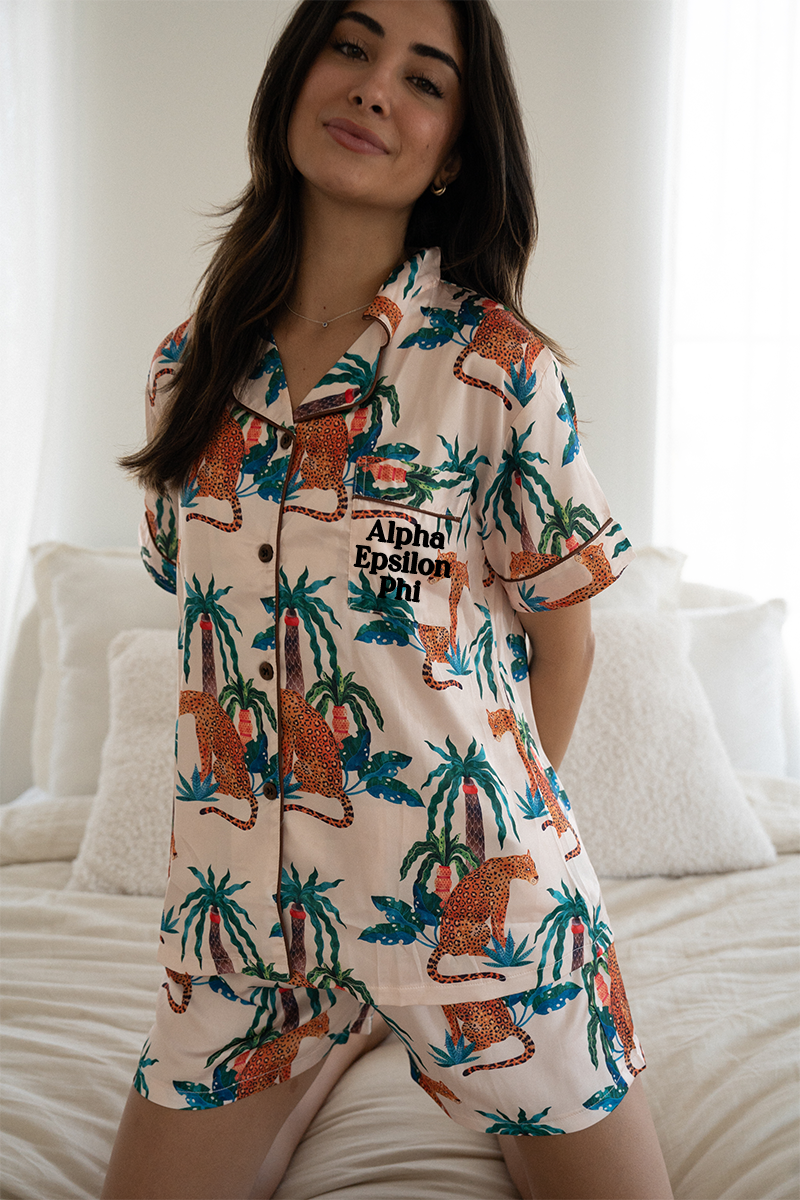 Block Font Palm Cheetah Pajamas - Alpha Epsilon Phi