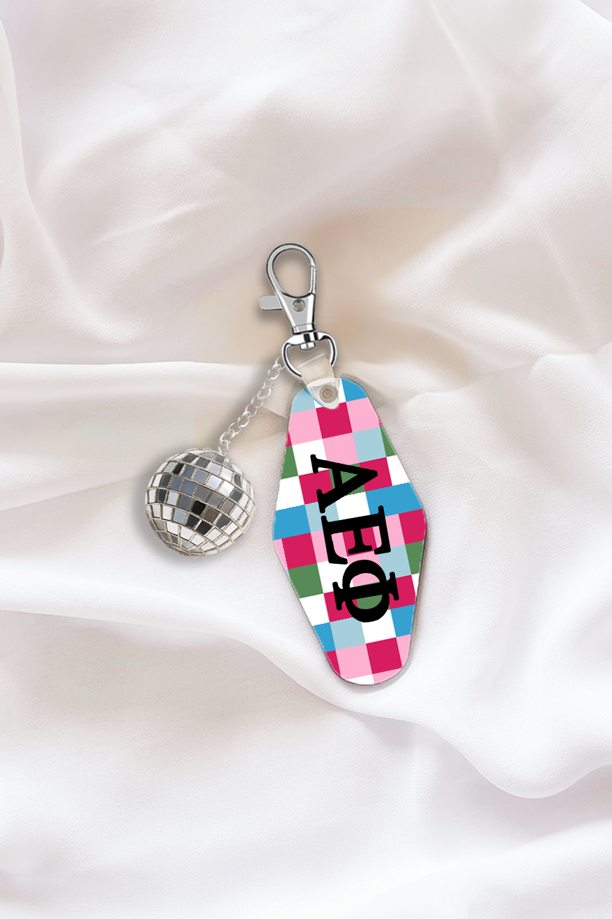 Pink Plaid Sorority Keychain with Disco Ball Tassel