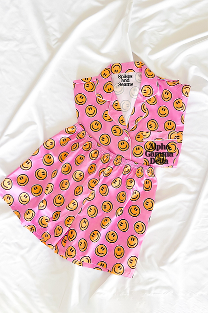 Block Font Pink Smiley pajamas - Alpha Gamma Delta