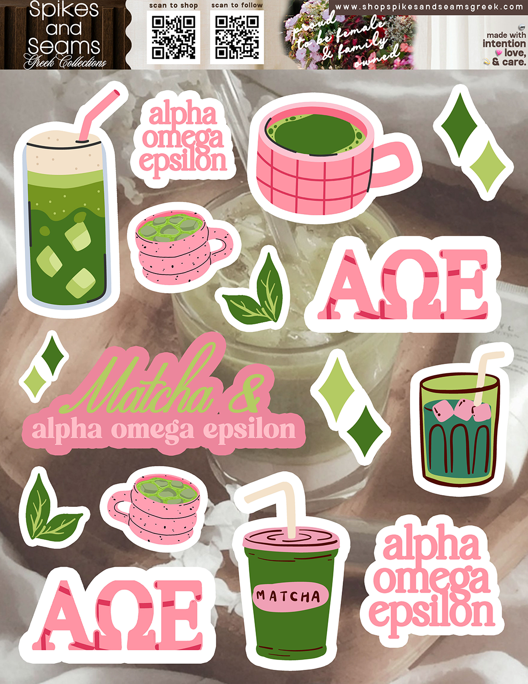 Sorority Matcha Theme Sticker Sheet #25 - Spikes and Seams Greek