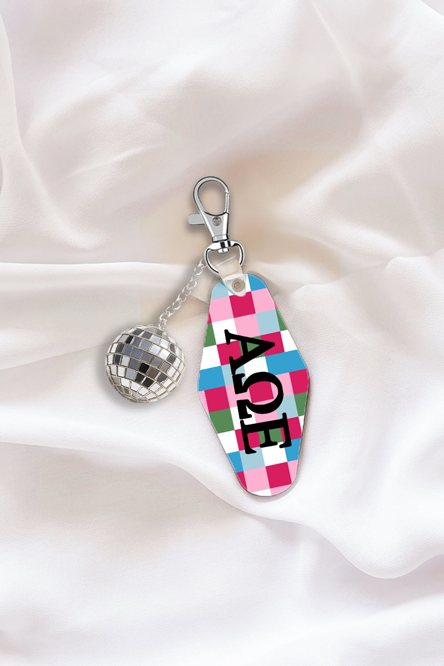 Pink Plaid Keychain with Disco Ball Tassel - Alpha Omega Epsilon