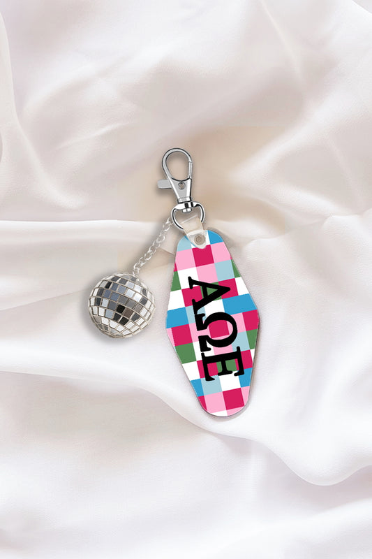 Pink Plaid Keychain with Disco Ball Tassel - Alpha Omega Epsilon