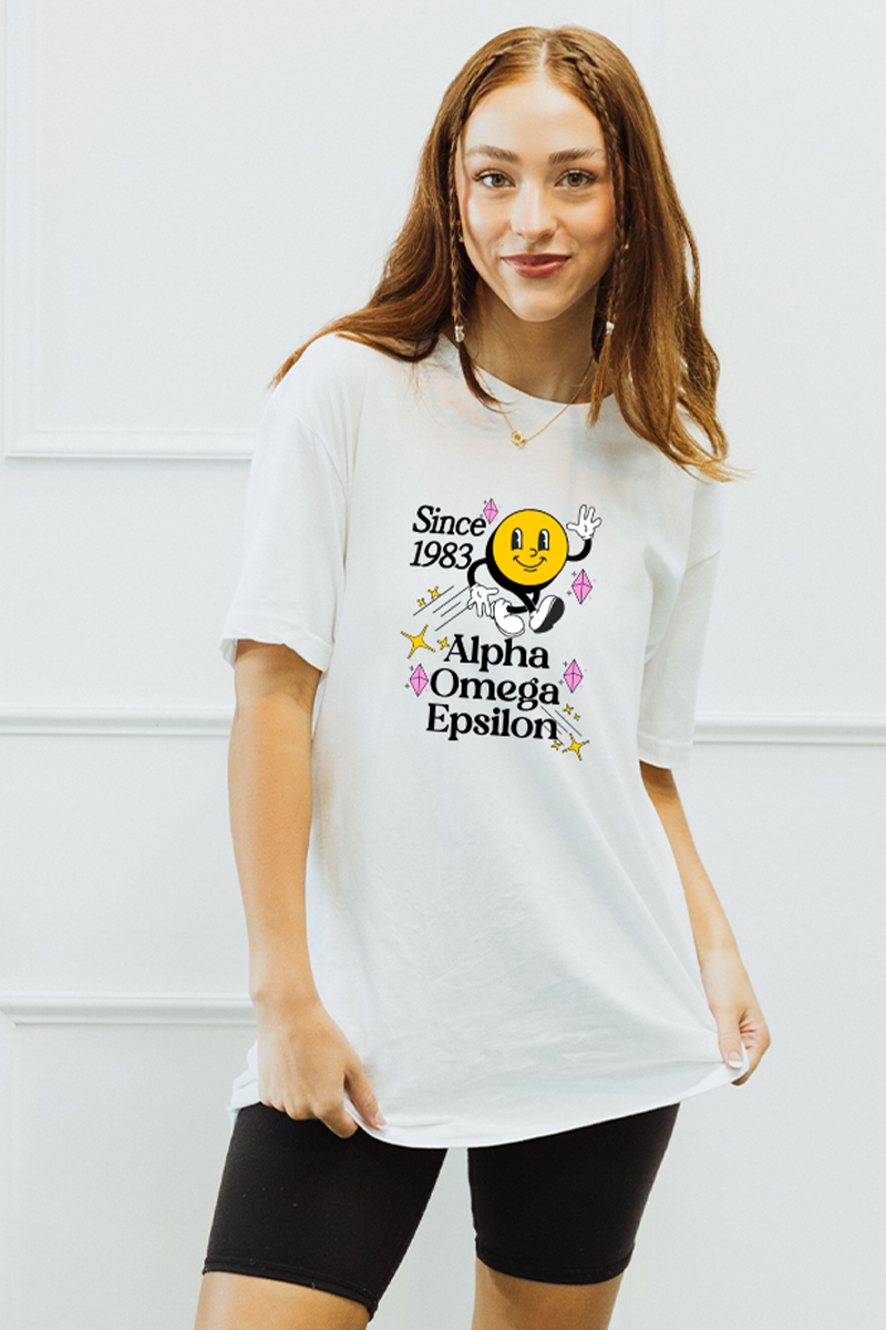 Walking Smiley tee - Alpha Omega Epsilon
