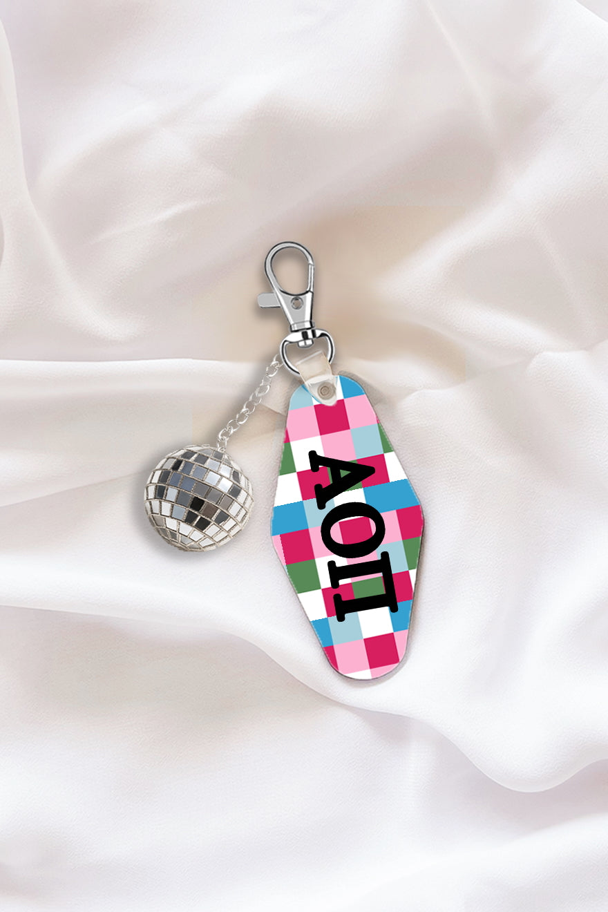 Pink Plaid Keychain with Disco Ball Tassel - Alpha Omicron Pi