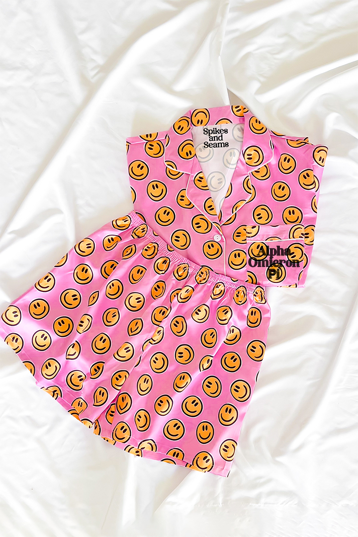 Block Font Pink Smiley pajamas - Alpha Omicron Pi