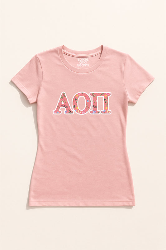 Pink Floral Greek Letter Tee - Alpha Omicron Pi