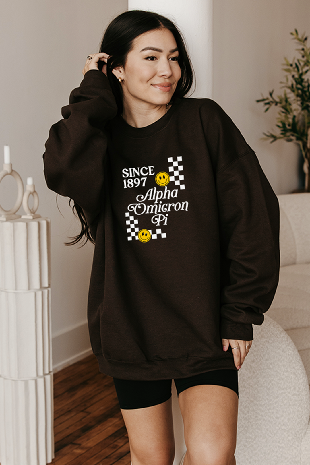 Chocolate Checkered sweatshirt - Alpha Omicron Pi