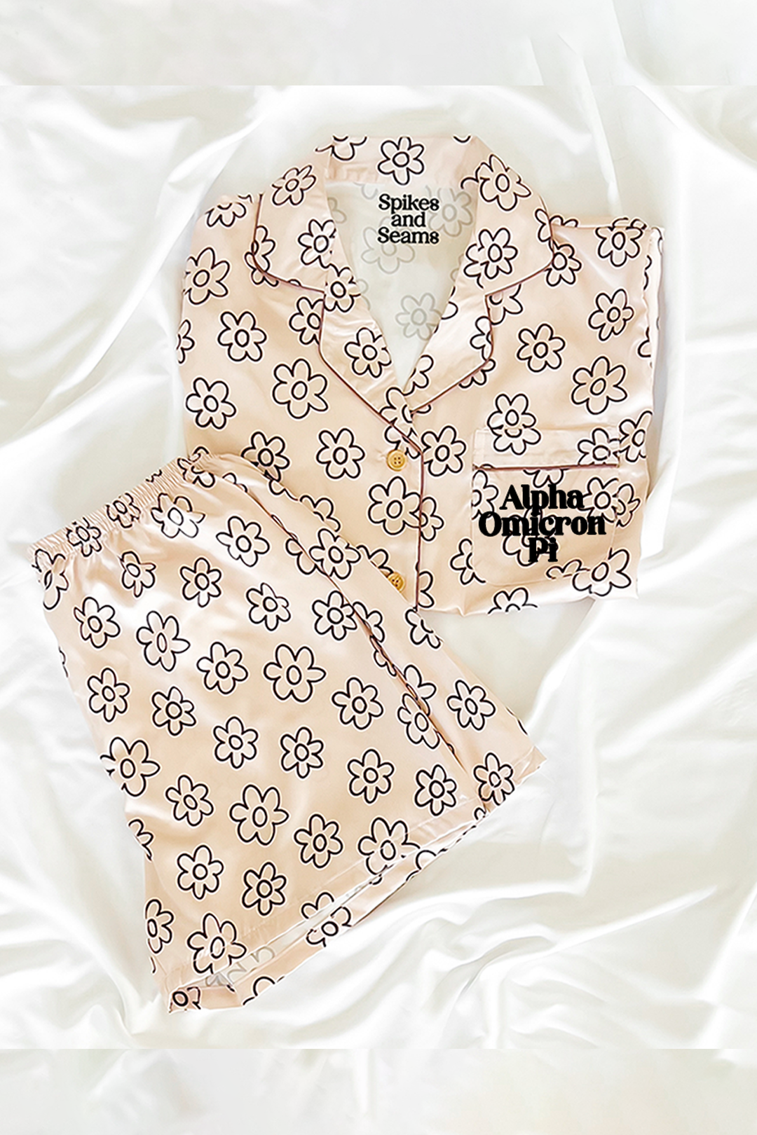 Block Font Beige Daisy pajamas - Alpha Omicron Pi