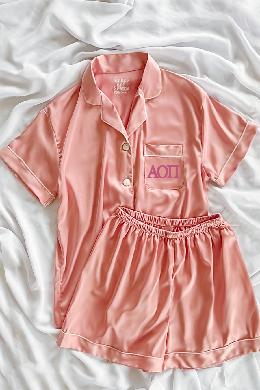 Light Pink Pajamas with Bubblegum Greek Letters - Alpha Omicron Pi