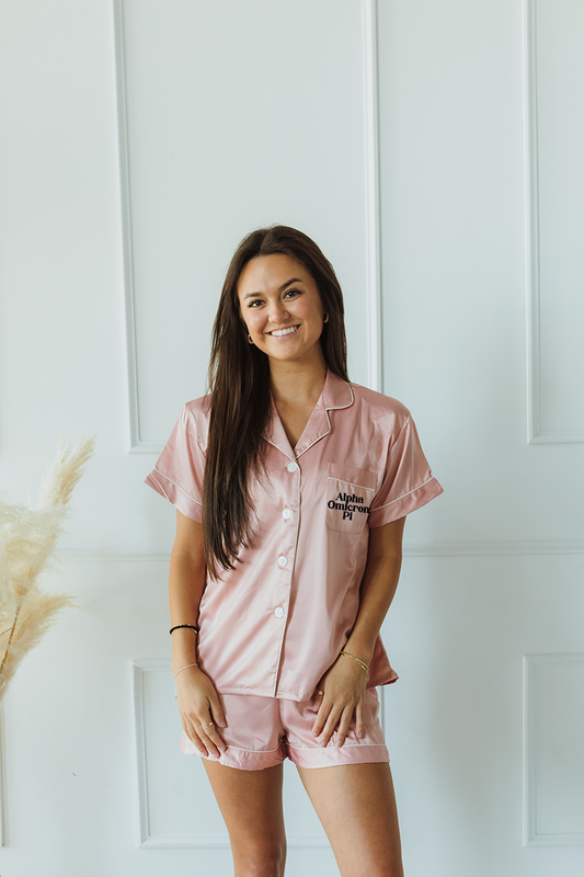 Light Pink Block Font Pajamas - Alpha Omicron Pi