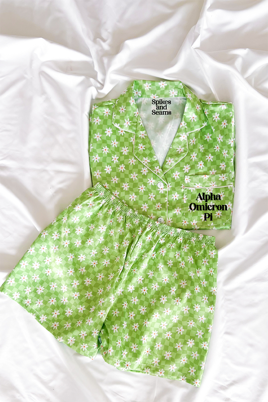 Block Font Green Daisy Checkered pajamas - Alpha Omicron Pi