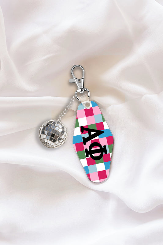 Pink Plaid Keychain with Disco Ball Tassel - Alpha Phi