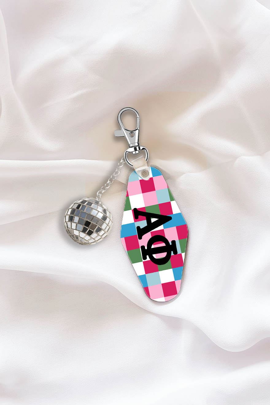Pink Plaid Sorority Keychain with Disco Ball Tassel