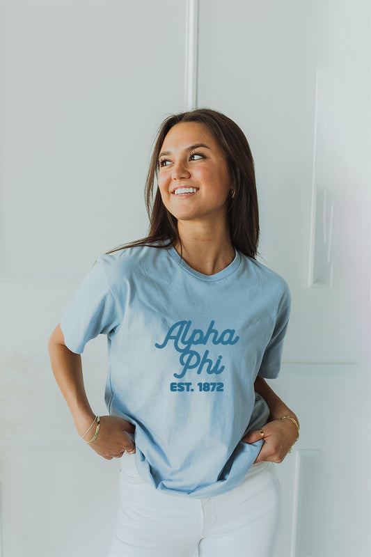 Blue with Blue text tee - Alpha Phi